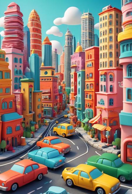 Ad with a city full of skyscrapers, streets, cars, in the style of cute cartoon designs, dreamlike images, soft sculptures, web camera, bright colors, striking shapes, coastal landscapes, capturing moments.