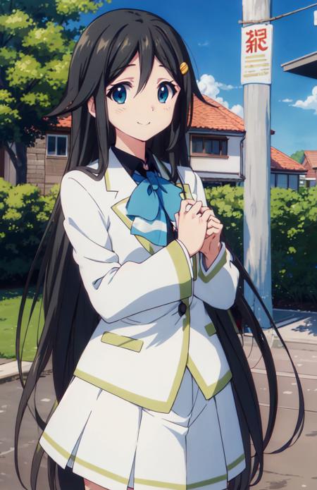 izumi reina, very long hair, black hair, blue eyes, one hairclip, school uniform, bow, thighhighs, green lines, white skirt, black shirt, long sleeves, white blazer, short sleeves, very open mouth, growing, Inhale magic vortex in front of face, closed eyes, 