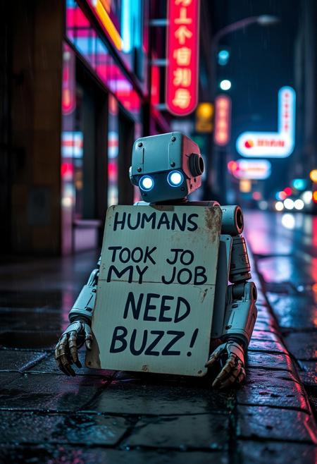 Sad robot sitting on street with sign with following text "HUMANS TOOK MY JOB NEED BUZZ!". Wet street, night, neon lights, raining, worn look, rusty.