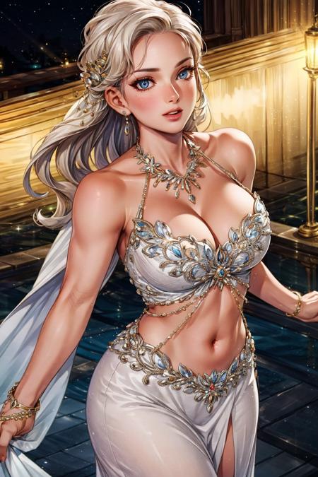 (mature woman:1.3), solo, long white hair, open neckline, navel, (light blue:1.3) long dress,  <lora:beautifulDetailedEyes_v10:0.8>, <lora:add_detail:0.8>, ((masterpiece)), (high quality), (best quality), (detailed), hd, perfect night lighting, detailed face, detailed body,  <lora:DiamondDress:0.8>, dimond, brilliant