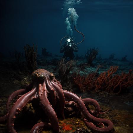 (underwater, dark deep sea, surrounded by seaweed and tentacles), low gamma, undersea body horror, (Standard diver dress, pressurized suit, 19th century, old timey), old fashioned deep sea diver holding lantern, tentacles in background, (bulky) steampunk diver suit, large round pressurized diver helmet, black rubber gloves, undersea terror, dark ocean floor, muddy, (colorful oils), oily, murky:1.3 water, flanked by black mollusk tentacles, octopus tentacles, deep seaweed, low visibility, (silhouettes of tentacles), greenish dark water <lora:BodHor-V1:0.333> <lora:LowRA:0.8>