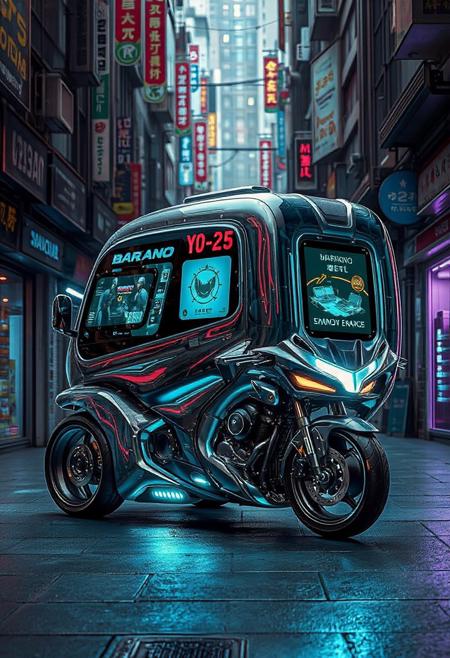 YFG-R1gs, A shape-shifting delivery van, its liquid metal body morphing into a sleek motorcycle, navigates a crowded cyberpunk alleyway. The vanas AI optimizes its form for speed and agility, while its holographic projectors display advertisements on the surrounding walls. The alleyway is a neon-lit maze of shops and kiosks.