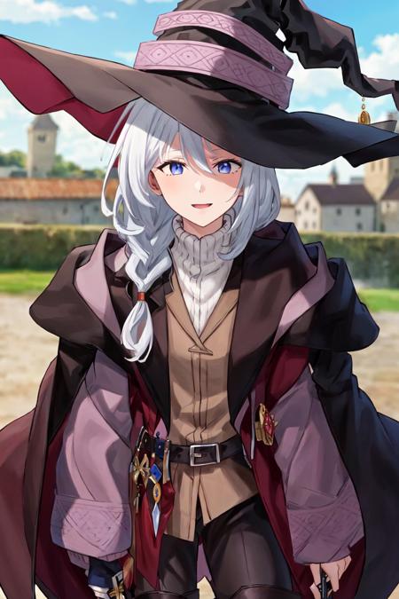 masterpiece, best quality, victoricamajonotabitabi, 1girl, mature female,  one side braids, jacket, [ahoge], upper body, brown jacket belt, red jacket, blue knifes on jacket belt,  black thighhighs, black boots, white sweater inner, happy, witch purple robe, town, castle