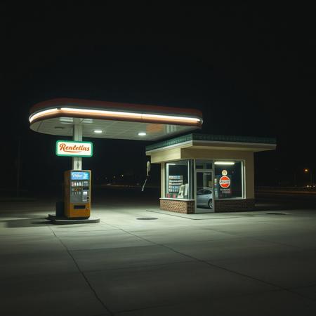 A liminal space of a deserted gas station at night, evoking a strange sense of familiarity, as if you’ve been here before. The fluorescent lights buzz softly, casting a pale, flickering glow onto the cracked pavement. The neon signs, slightly faded and humming with static energy, advertise long-forgotten brands, their colors bleeding into the darkness.
The station is completely empty—no cars, no attendants, just the distant hum of the night. A single soda vending machine stands against the wall, its dimly lit buttons reflecting off the glass windows of the convenience store, which appears stocked yet abandoned. The old payphone by the entrance hangs slightly off the hook, swaying gently in the night breeze. The air is thick with nostalgia, carrying the faint scent of gasoline and asphalt warmed by the lingering heat of the day.
The world beyond the gas station fades into an endless void of empty highways and distant streetlights. No matter where you came from, or where you’re going, this place feels like a stop you’ve made before—a location between destinations, frozen in time, waiting.