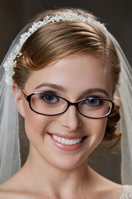 penny pax in glasses a bride with buoyant smile and blushed cheeks. The focus is sharp on her drop-dead eyes, sparkling with excitement and love. She is adorned in an exquisite white lace gown that cascades elegantly around her, accentuating her graceful silhouette. Her hair is intricately styled in classic updo. lovely veil delicately frame her face, adding a touch of ethereal beauty. The background is dreamy, with soft lighting that enhances her natural glow. The image has a romantic tone captured with nikon d7500 dslr camera by courtney bell. <lora:pennyPax:1> . 35mm photograph, film, bokeh, professional, shot by cig harvey, 4k, highly detailed
