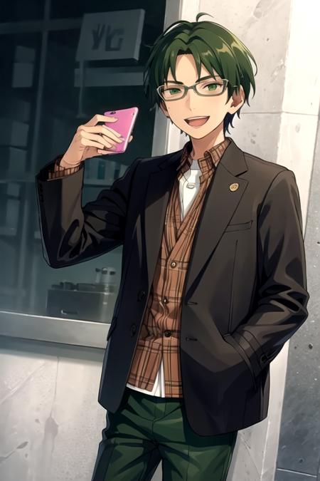 <lora:Keito-07:0.7> , keitoes, looking at viewer, smile, open mouth, shirt, long sleeves, holding, jacket, collared shirt, pants, black jacket, phone, cellphone,  smartphone, holding phone, brown jacket, green pants