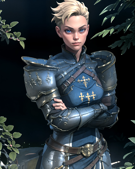 Athel, 1girl, short hair, blonde hair, blue eyes armor, blue tabard, large pauldrons, knight full armor holding weapon, spear, polearm shield