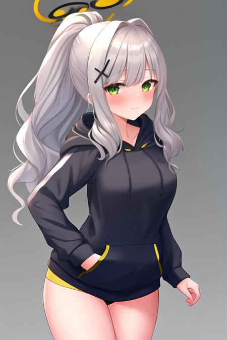 masterpiece, best quality, highres, solo, {hare_bluearchive:1.10}, halo, hair_ornament, green_eyes, long_hair, blush, bangs, grey_hair, ponytail, hoodie, white_hair, hair_intakes, breasts, 1girl, hood, looking_at_viewer, long_sleeves, hood_down, simple_background, black_hoodie, white_background, closed_mouth