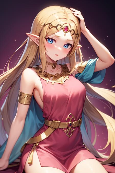 masterpiece, best_quality, 1girl, solo, princess zelda, nintendo, the legend of zelda, (albw:1.4), pink dress, circlet, tabard, pink tabard, blue eyes, blonde hair,