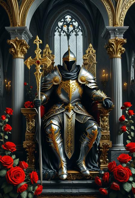 Featuring a dark comic style reminiscent of High Gothic and Dark Fantasy themes, this artwork is inspired by the atmospheres of Dark Souls and Elden Rings. It showcases a cursed, gothic high cottagecore setting with a majestic angelic knight adorned in beautiful ornamental gold and silver armor from the 15th century. The knight, holding a silver spear, sits on a throne surrounded by white, crimson, and black roses. The illustrations are intricately detailed with curvilinear shapes, but may be criticized for their ugliness and the poor quality of certain aspects, such as the hands, feet, and face. Additionally, some elements may be out of frame, following the style of Mathieu Schelleken.