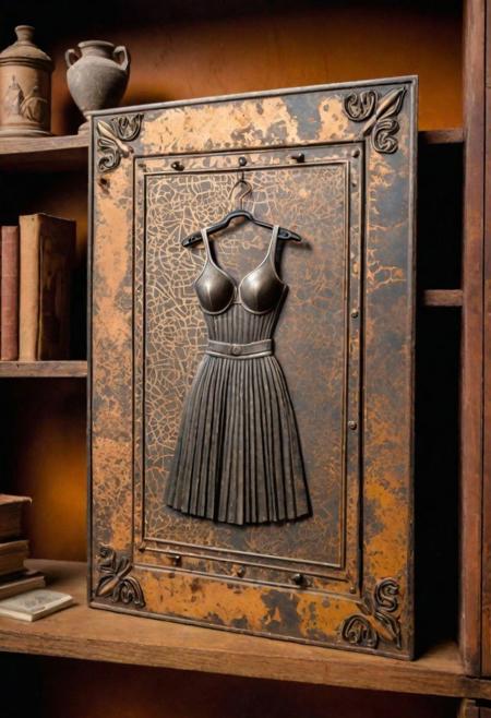 (an archaeological artifact with an illustration etched by hand on scratched and rusty metal, metal plate displayed on a shelf in a 18yh century cabinet of curiosities, photo-realistic:1.1) a detailed illustration of skirts being lifted to flash vagina,  bokeh, sharp focus on subject, full body, golden background