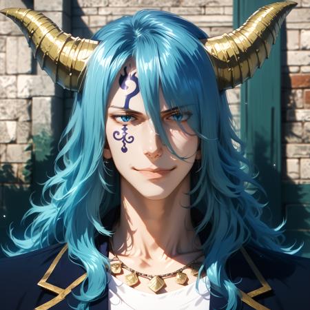 merukufobia, blue eyes, blue hair, hair over one eye, (dragon horns:1.1), face tattoo