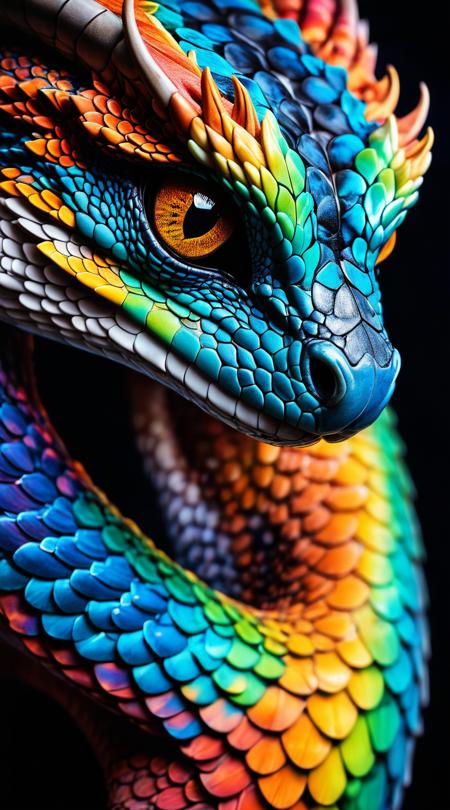close-up of a mystical serpent, scales refracting light to reveal a spectrum of colors, piercing eyes glowing like embers.