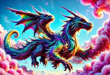 a white luck dragon made of w00kiee, flying through cotton candy clouded sky, intricate details, golden hour light, raw photo, cinematic, highly detailed, bright colors, aesthetic, fine detail, polished, complex, vibrant, symmetry, full color, perfect, ambient, unique, illuminated, epic, best, artistic, quality, dramatic, beautiful, stunning, flawless, extremely, very inspirational