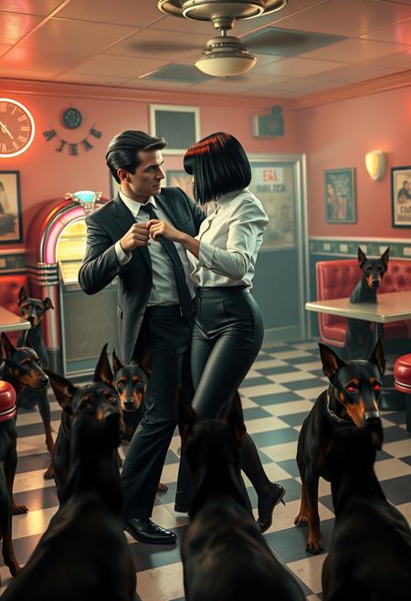 Create a highly realistic image of a dance scene inspired by the iconic moment in “Pulp Fiction,” but with a distinctive twist. The setting is an authentic 1950s diner, with black-and-white checkered floors, red vinyl booths, and neon lights casting a warm, nostalgic glow. A vintage jukebox sits in the corner, softly illuminating the room with its colorful lights.
In the foreground, two characters are captured mid-dance. The man has slicked-back dark hair, wearing a perfectly tailored black suit, white shirt, and skinny black tie. The woman has a sleek black bob haircut, dressed in a crisp white blouse and form-fitting black pants. Both are locked in a playful pose, full of energy and confidence, with the man pointing towards the woman.
Adding a surreal element to the scene, several realistic dobermans with sharp, defined features surround the dance floor. Their postures are tense and alert, with their eyes glowing an unnatural fiery red, as if possessed by a dark force. The eerie presence of the dobermans contrasts sharply with the vibrant, lively energy of the dancers.
In the background, a large, slightly worn cardboard sign hangs prominently, reading “DANCING 4 BUZZ!” in bold, hand-drawn letters. The sign looks like it was hastily made, adding a quirky and almost humorous touch to the intense and otherworldly atmosphere. The overall image should feel vividly real, with a mix of classic nostalgia and unsettling tension, blending the familiar with the bizarre.