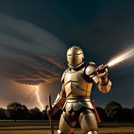 Wooden knight shooting lightning from his hands at power poles, 8k extreme detail, Outside, standing next to a metal machine, realistic, perfect, no mistakes,