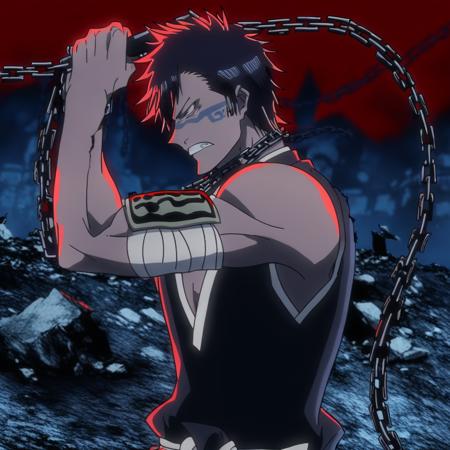 HisagiShuhei69, 1boy, upper body, from side, black sleevless Kimono, armband, holding chain weapon, HisagiShuhei69, 1boy, upper body, from side, black sleevless Kimono, armband, holding chain weapon, clenched teeth, angry, destroyed buildings, red sky