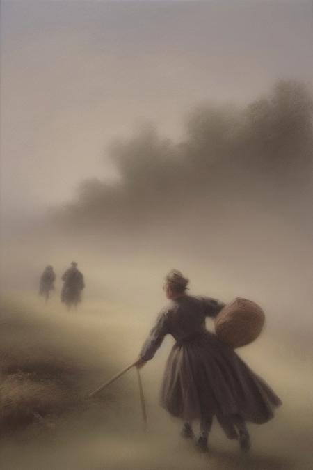 A dynamic painting in soft pastel colors depicting figures in motion through a thick fog, evocative of the Dutch Golden Age style.  The painting features soft brushwork, blurred lines, and action poses, creating a gentle and soothing atmosphere.