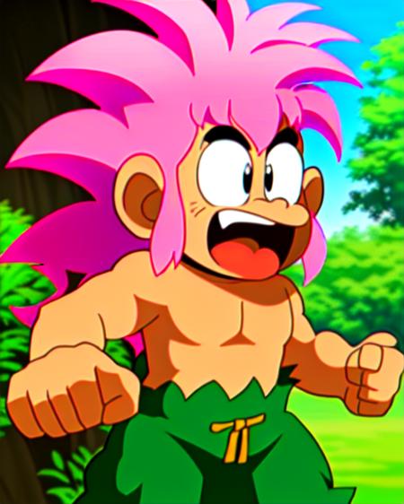 tombathemighty, 1boy, spiked hair, pink hair, fang, topless male, pants