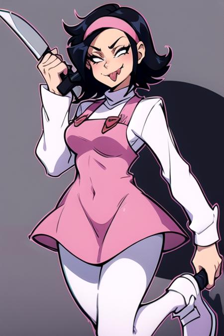 <lora:nene:0.8> 1girl, solo, breasts, smile, short hair, simple background, shirt, black hair, long sleeves, dress, holding, medium breasts, white shirt, weapon, pantyhose, hairband, tongue, tongue out, grey background, covered navel, turtleneck, knife, pink dress, :p, white pantyhose, outline, holding knife, white outline, pink hairband