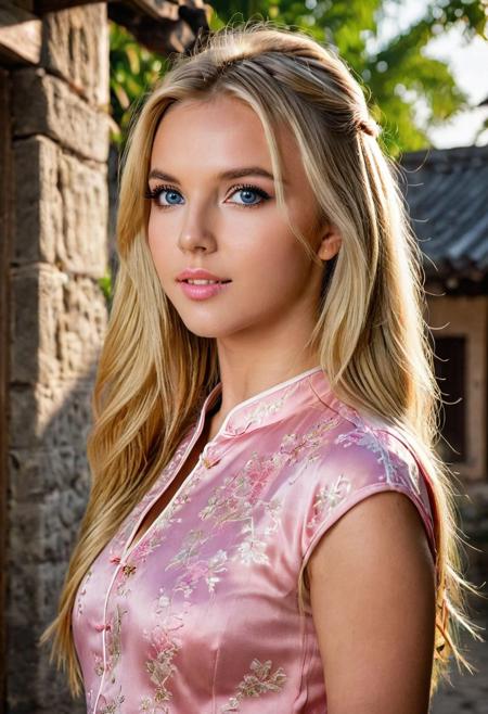 Cute beautiful girl, Bestface1,  Bestbody1, 
 standing in an old village,  wearing pink cheongsam, luxurious long blonde hair, flowe hair ornament, light makeup, (detailed face, perfect face, perfect eyes, realistic eyes, expressive eyes), looking at viewer, outdoors, (masterpiece), ((ultra-detailed)), (highly detailed), (expressionless), (best quality:1.2), (1girl:1.2), High quality texture, intricate details, detailed texture, High quality shadow, depth of field, perspective, perfect body, distinct_image, (lustrous skin), solo focus