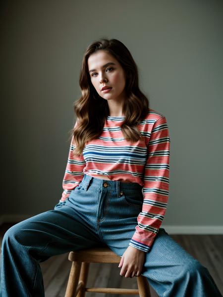 Realistic photo of a beautiful z03yd woman,1girl,solo,long hair,looking at viewer,blonde hair,simple background,brown hair,shirt,long sleeves,brown eyes,sitting,parted lips,striped,pants,nail polish,lips,denim,red nails,red background,jeans,striped shirt,realistic, soft lighting, professional Photography, Photorealistic, detailed, RAW, analog, sharp focus, 8k, HD, high quality, masterpiece<lora:z03yd:1.0>