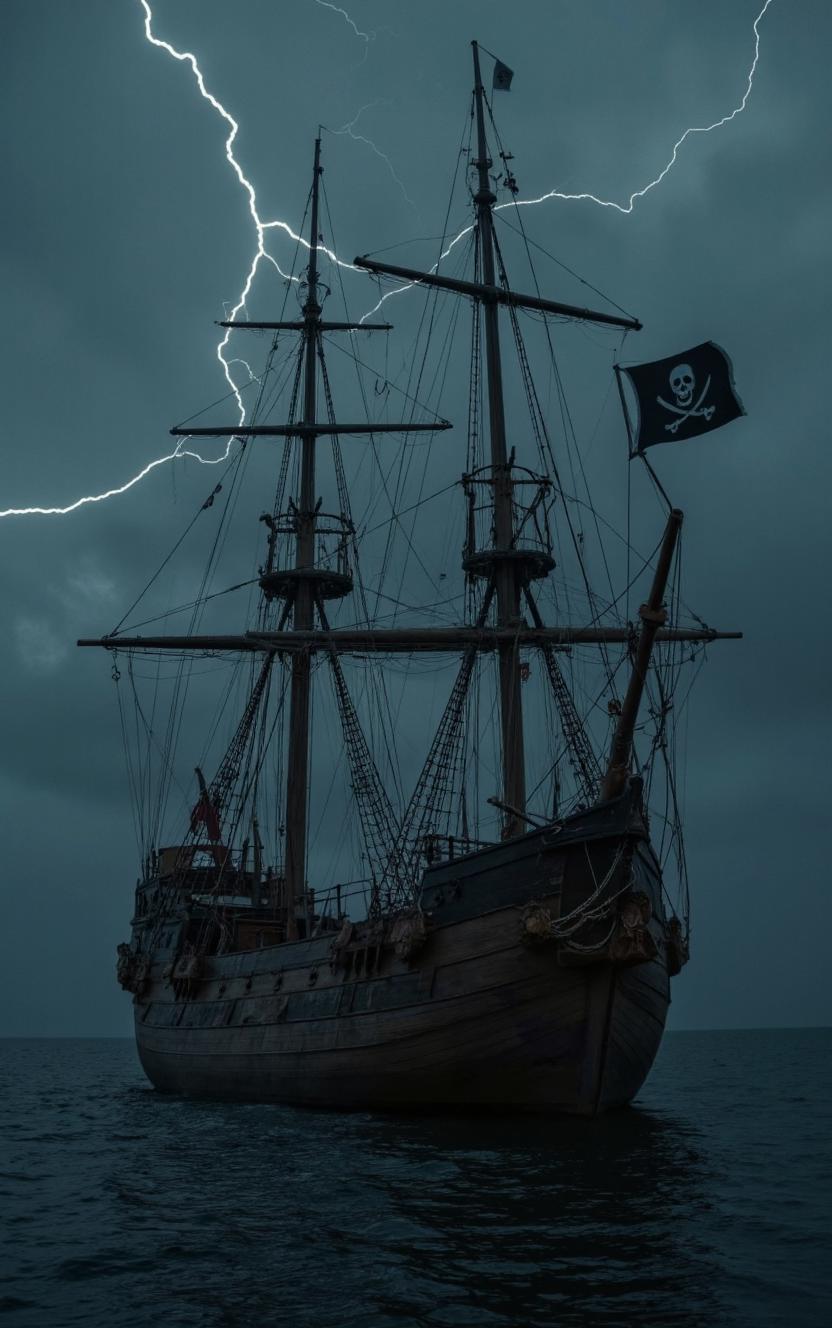 There was a flash of lightning in the overcast sky, and on the dark sea was a huge wooden two-masted ship, with a pirate flag on its mast and "The Tulip" written on its side.