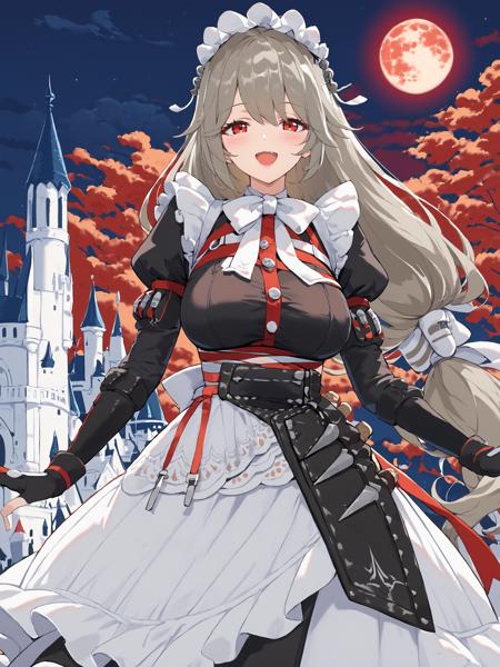 Alexandrina Sebastiane low-tie long hair, hair ribbon, holster, maid headdress, white legwear, mary janes, black long dress, maid apron, white bowtie, partially fingerless gloves