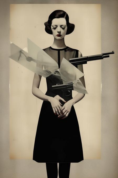 <lora:Gabriel Pacheco Style:1>Gabriel Pacheco Style - collage art. minimalist. Woman. Dsire. Sheer bodice. Gun. Candescence. Dark background. In the style of Frank Moth.