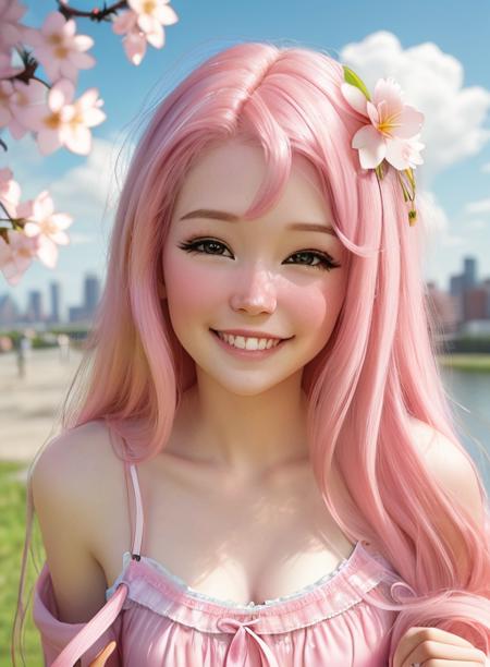 belledelphine, (looking at viewer), happy, grin, woman wearing flowery sundress soft lighting, upper body, facing viewer, beautiful woman long pink hair, <lora:BelleDelphineNewV3:0.8>, perfect eyes, facing viewer
(masterpiece, best quality), 1lady, beautiful, real picture, (upper body), face, Effortlessly cool, front, narrow waist, wide hip, jacket, t-shirt, city, looking at viewer, light smile, depth of field, (cherry blossom), lens flare, clouds