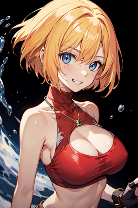 marykof 1girl, solo, short hair, blonde hair, blue eyes, large breasts, forehead, parted hair red shirt, belt, taut shirt, crop top, navel, blue gloves, baggy pants, pants