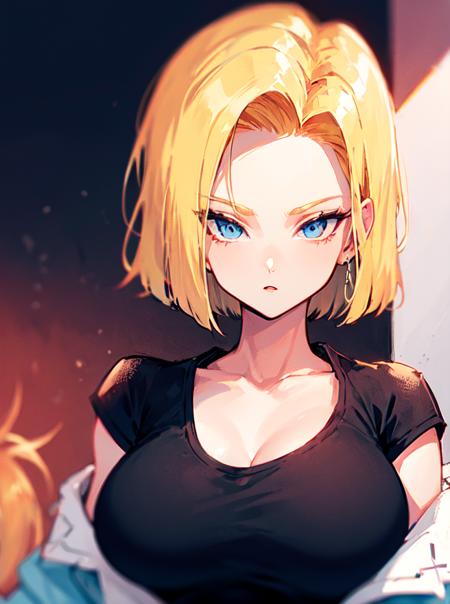 <lora:Android18:0.8>, android 18,  blue eyes, blonde hair, short hair, denim jacket, black shirt, large breasts