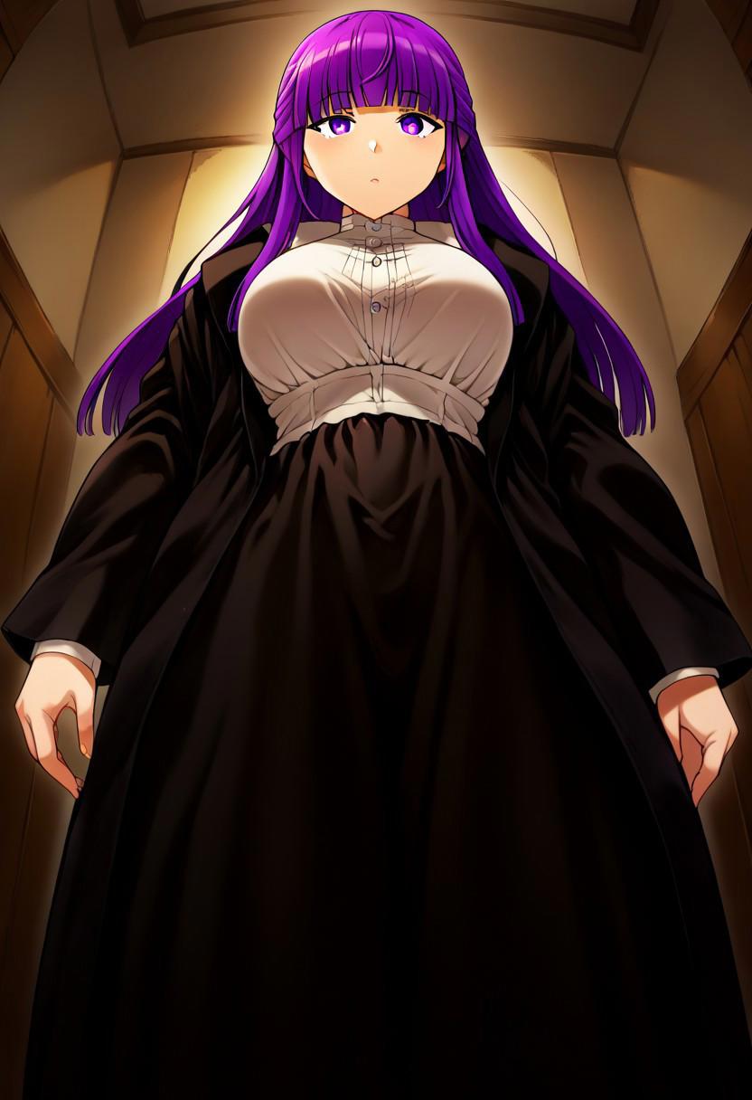 (zPDXL3),
(zPDXLxxx),
1girl, 
solo, 
fern \(sousou no frieren\), large breasts, long hair, purple hair, half updo, blunt bangs, purple eyes,
open robe, long dress,
medium shot,
from below,