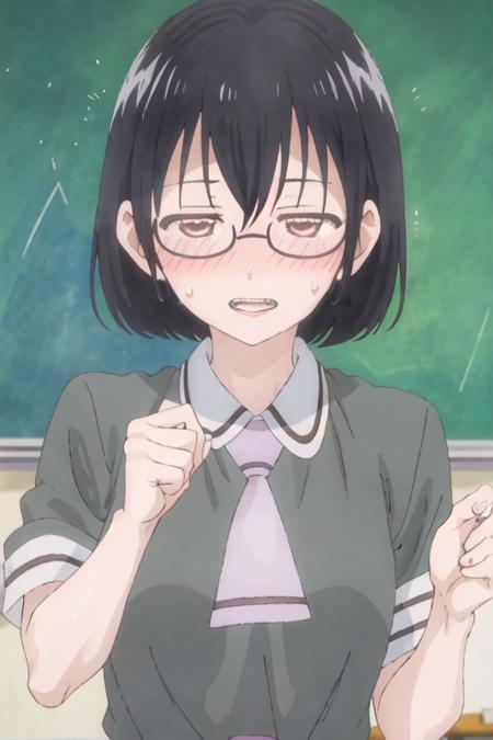 best quality, masterpiece, highres, solo, {kasumi_nomura_asobiasobase:1.15}, black_hair, glasses, short_hair, necktie, brown_eyes, 1girl, clenched_teeth, parody, school_uniform, sweatdrop, teeth, opaque_glasses, sweat