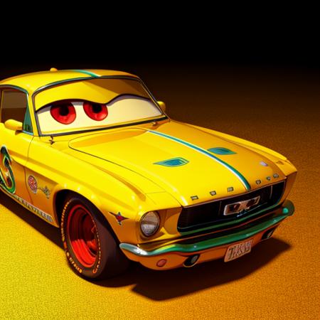 detailed, cg, pixarcars, mustang car, vehicle , yellow paint job, yellow body, green eyes, 3d rendering, pixar <lora:pixarcars:1>