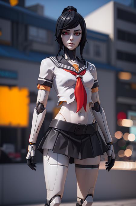 <lora:VRAMsTsuki:0.65>, xyztsuki, 1girl, solo, stiches, android, black hair, looking at viewer, black skirt, closeup, school uniform, ponytail, serafuku, sailor collar, blurry, blurry background, joints, pale, mechanical arms, 3d model cycles render,  cyborg, joints, long hair, looking at viewer, mechanical arms, mechanical parts, cyberpunk, red tie, orange, made of plastic, heavy eyeliner, suspending, red eye color