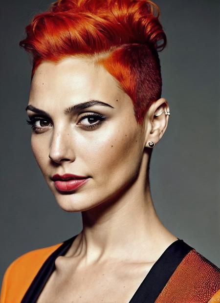 portrait of sks woman by Flora Borsi, style by Flora Borsi, bold, bright colours, orange Mohawk haircut, ((Flora Borsi)), <lora:locon_gal_v1_from_v1_64_32:1.25>