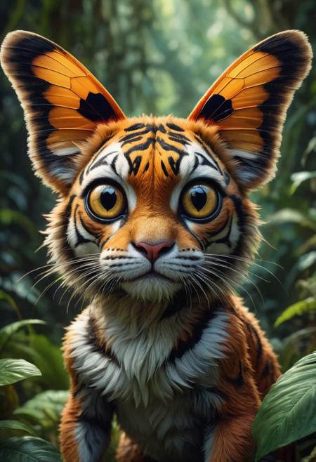 Close shot of fantasy animal named "tiger-butterfly"staring at viewer, surprised, half frog, half monkey, Nick Knight,Patricia Piccinini, Robert Rauschenberg,AES+F,hyper detailed,intricate, poster,artstation, Dark Jungle out of focus background, depth of field, bokeh