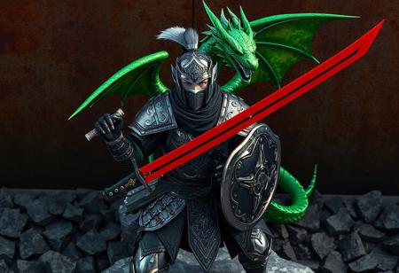 Generate a 4K, hyper-detailed image of a Senior Silver Ninja in black armor with silver metallic textures, wielding a red sword in his right hand and a shield in his left. His helmet features a plume, and his face shows regal determination. Behind him, a vibrant green dragon with iridescent scales perches on a rock, wings fully extended in a dramatic pose. The scene is set against a rusted metal wall with scattered jagged rocks, emphasizing an industrial, rugged environment.  
Apply a hybrid of Raphael’s classical aesthetics and Houdini’s dynamic motion, using Octane Render for metallic armor and Unreal Engine 5 for realistic lighting. Compose the image in isometric perspective with golden ratio alignment, placing the ninja in the center and the dragon slightly off-center. Include splash ink effects for atmospheric depth, balanced lighting to highlight the dragon’s wings and the ninja’s expression, and ensure the colors (black armor, red sword, green dragon) create a striking contrast.  
The image should convey a powerful, triumphant moment with vivid emotions, adhering to ArtstationHQ trending standards. Prioritize exceptional quality, sharp lines, and lifelike facial details.