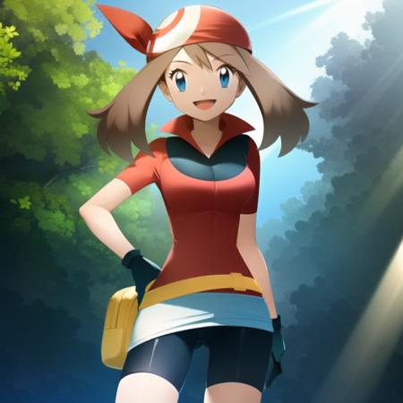 <lora:character_pokemon_may_v6:1> may \(pokemon\), forest, light rays, 1girl, solo, cowboy shot, standing, looking at viewer, smile, open mouth, hand on hip, hand on own thigh, bandana, shirt, skirt, bike shorts, gloves, fanny pack,