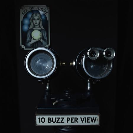 A coin operated stereo telescope binocilars in closed dark room with sign decorated with image of a female oracle holding crystal ball and text "SEE THE FUTURE" and "10 BUZZ PER VIEW"