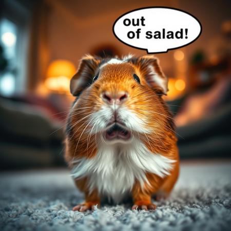In a cozy warm living room, a dramatic portrait of a cute and fluffy guinea pig which is surprised and shocked with a wide open mouth. low depth of field, swirling bokeh. A text bubble coming from outside the frame reads "We're out of salad"