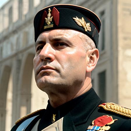 RAW photo, a close up portrait photo of BenitoMussolini in elegant uniform, (bald), in color, pale skin, slim body, background is city ruins, (high detailed skin:1.2), 8k uhd, dslr, soft lighting, high quality, film grain, Fujifilm XT3,  <lora:Hellloo:0.75>