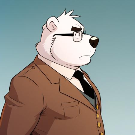 professorpaljas, 1boy, solo, furry male, bear, black eyes, white fur, fat, glasses,  black necktie, brown suit, pants