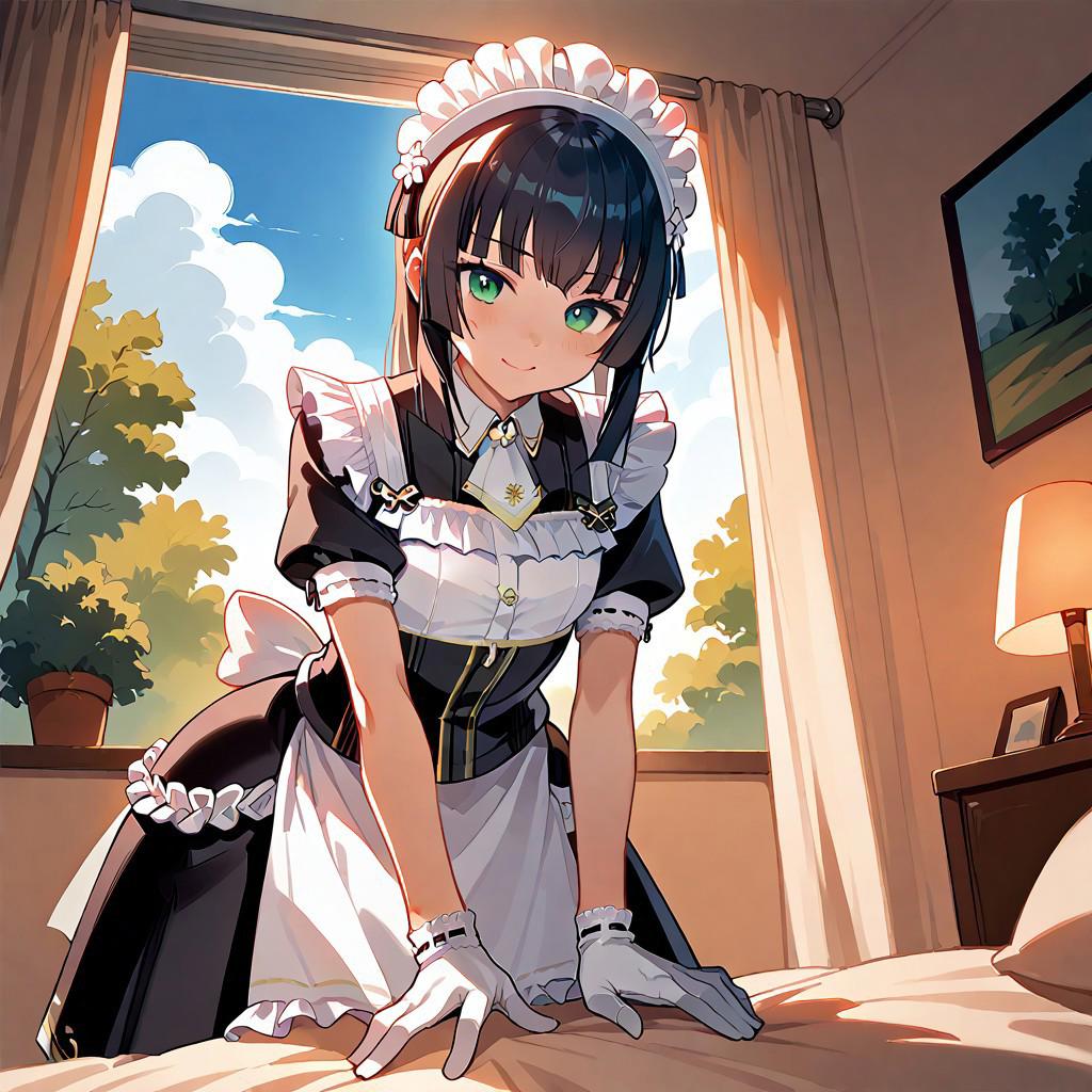 score_9, score_8_up, score_7_up, score_6_up, source_anime. zPDXL3, 1girl, solo, Mafuyu, Sofia maid outfit, Sofia maid headdress, Sofia maid gloves, looking at viewer, smile, leaning forward, bed sheet, indoors, window, flowing curtain, tree, sunlight, sunny, blue sky, cloud, pov, from below, backlighting