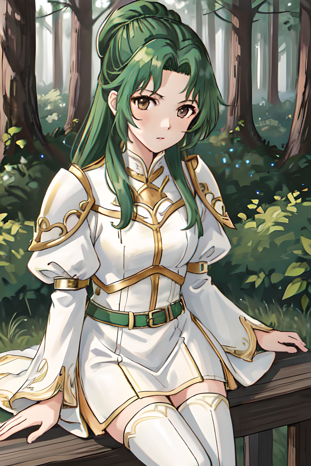 masterpiece, <lora:elincia-10:0.8>, elincia fe, 1girl, solo, looking at viewer, serious, forest background, sitting, white...
