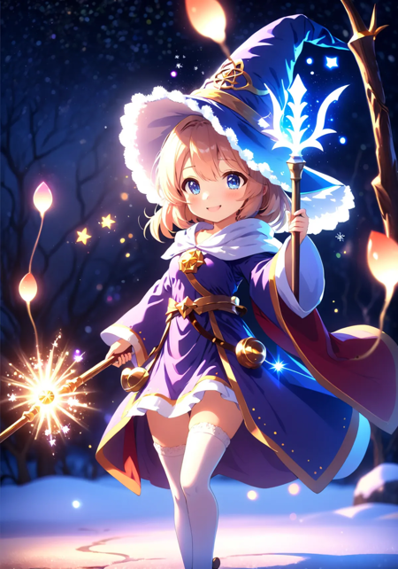 anime, cute girl, wizard hat, robe, thigh-highs, holding ancient staff, happy, midnight, bloom, ambient occlusion, glow, glowing lights, light particles, transparent, translucent, bokeh, depth of field, snow, wind