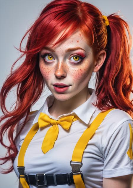 A red haired, freckled woman is wearing suspenders and t shirt, in the style of yellow and red, hannah yata, toycore, cute and colorful, angelina wrona, rob liefeld, aurorapunk, ultra detailed skin, skin with defaults