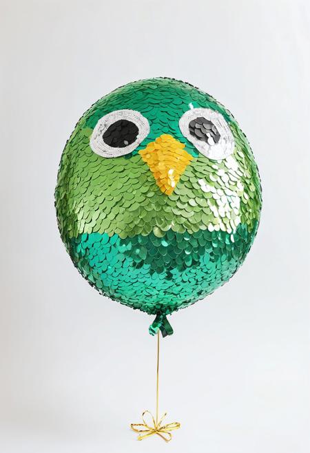 Sequin fabric balloon, bird shape, green color palette, white background