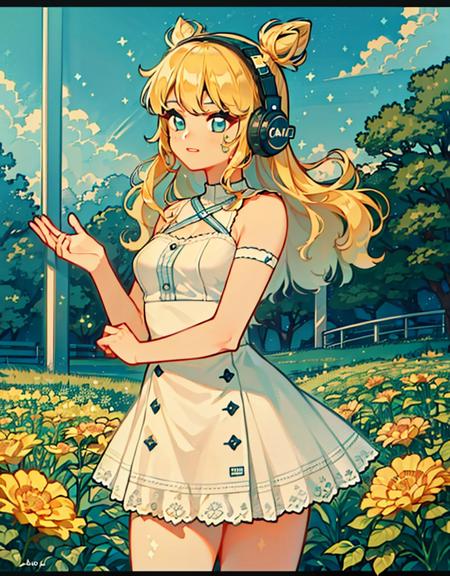 1girl, blonde hair, double bun, headphones, skirt, dress, soda, garden, plants, 
(detailed ladscape:1.2), (dynamic_angle:1.2), (dynamic_pose:1.2),
(masterpiece:1.2), (best quality, highest quality), (ultra detailed), (8k, 4k, intricate), (cowboy shot:1), (highly detailed:1.2),(detailed face:1),(gradients),(ambient light:1.3),(cinematic composition:1.2),(perfect_anatomy:1.2),
 <lora:Bobotae_Style:0.75>